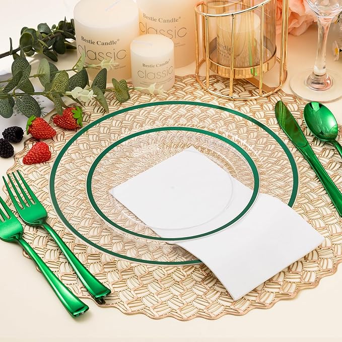 BESTSTAR 200PCS Green and Clear Plastic Plates, Green Disposable Plate Set with 100 Dinner Plates and 100 Dessert Plate for Party, St. Patrick's Day