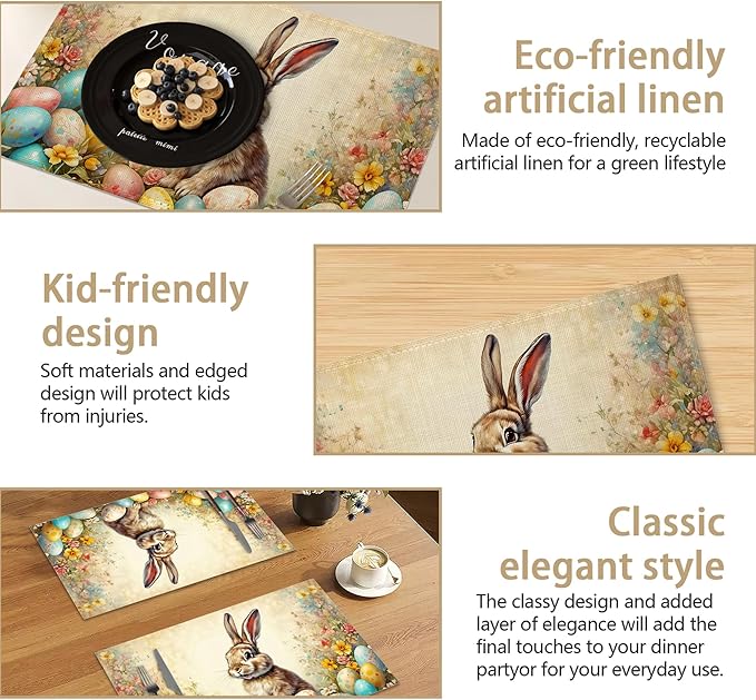 Table Placemats Set of 6, Waterproof Linen Fabric, Non-Slip Backing & Easy Clean, Elegant Dining Table Protectors for Family and Guests(Easter Bunny Spring)