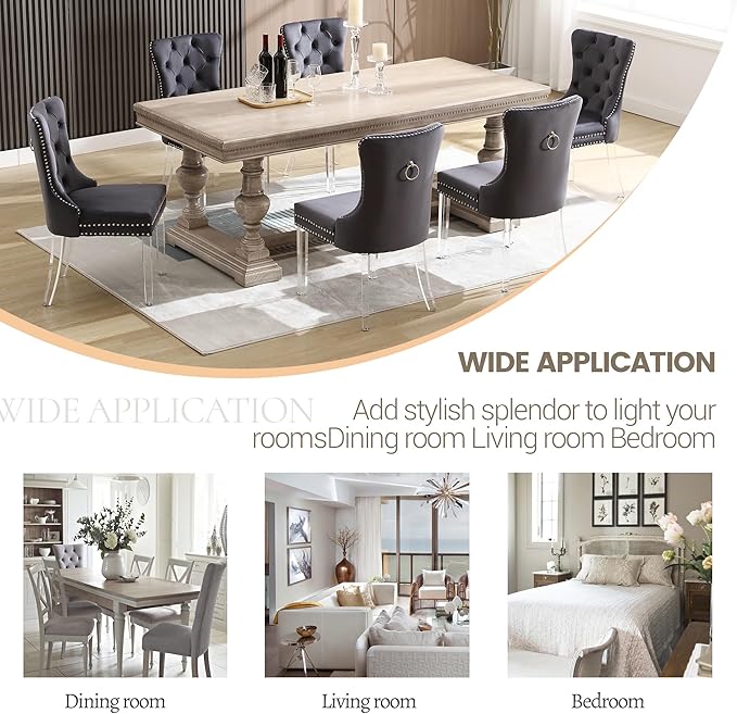 KCC Velvet Dining Chairs Set of 4, Upholstered Tufted Wingback Dining Room Chair with Nailhead Back Ring Pull Trim Solid Acrylic Legs, Contemporary Nikki Collection Style for Kitchen, Grey