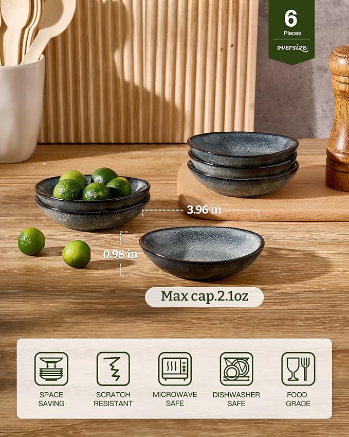 famiware Ocean Soy Sauce Dishes of 6, Oval Dipping Sauce Cups/Bowls/Dishes for Kitchen, 2.1oz Ceramic Small Bowls for Side Dish, Appetizers, Snacks, and Sushi, Reactive Glaze, Deep Forest
