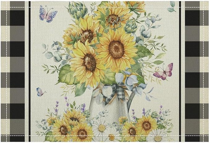 Vintage Sunflower Theme Placemat Set, Rustic Farmhouse Vivid Lavender Floral Butterflly Black White Check Pattern Home Decor Linen Table Mats for Dining Room Kitchen Party (17x12in) x2P