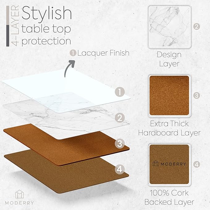 Set of 4 Heat Resistant Cork Placemats for Dining Table with Free Set of 4 Matching Drink Coasters Marble Design 16 x 12 Inches Cork Backed Hard Placemats (White Marble)