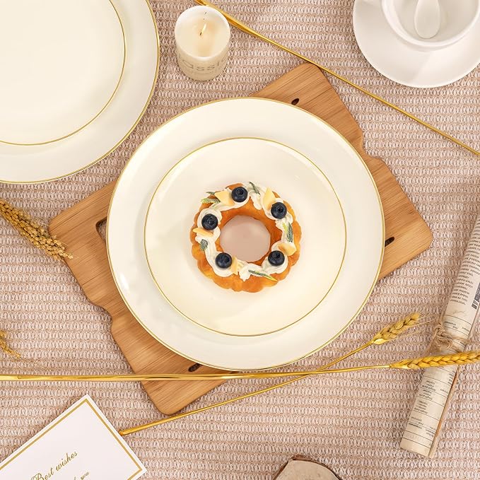 PULOTE 100PCS Ivory Plastic Plates - Cream Plastic Disposable Heavy Duty for Party & Wedding - Include 50 Each (Dinner & Dessert) Plates