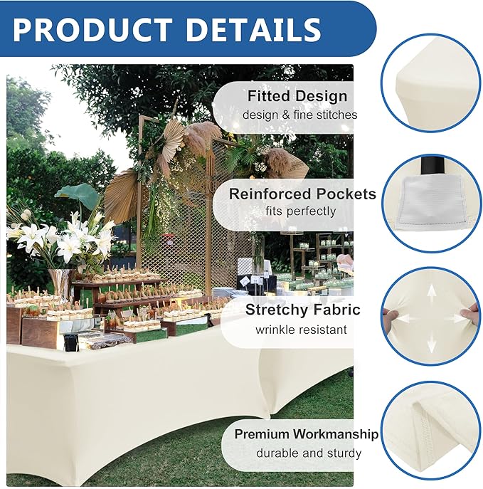 Spandex Table Cloths for 6 Foot Rectangle Tables-6 Pack Fitted Stretch Cream Table Covers-Elastic Folding Tablecloths for Party, Vendor Booth Display, Banquet Buffet Event, Craft Trade Show