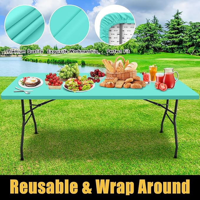 Smiry Rectangle Picnic Table Cloth, Waterproof Elastic Fitted Tablecloths for 6 Foot Tables, Washable Polyester Table Cover for Camping, Indoor and Outdoor (Aqua, 30"x72")