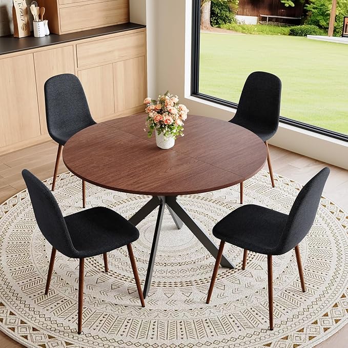Round Dining Table Set for 4｜42"-54" Extendable Dining Room Table Set｜Wooden Kitchen Table with 4 Chairs｜Mid Century Modern Dinner Table Set with Cross Legs｜Easy Assembly｜Space Saving
