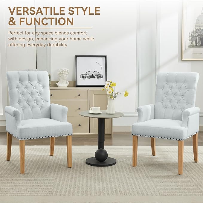 Fabric Dining Chair with Arms, Upholstered Tufted High Back Dining Room Chairs, Accent Armchair with Solid Wood Leg and Nailhead Trim, Kitchen Dining Living Room, Sky Blue