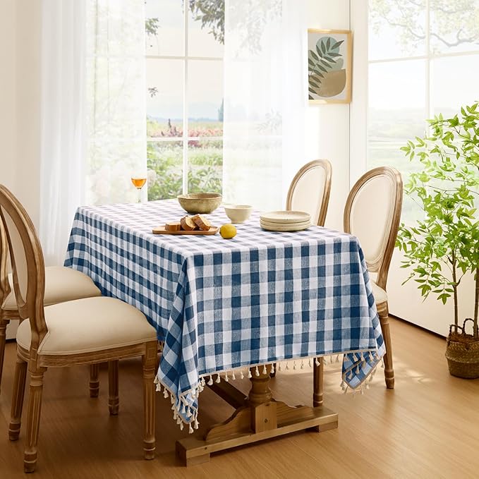 Softalker Checkered Tablecloth Rectangle, Outdoor Linen Cotton Gingham Table Cloth with Tassel, Heavy Duty Wrinkle Free Buffalo Plaid Table Cover for Kitchen Dining Home Party - 55 x 84 Inch, Navy