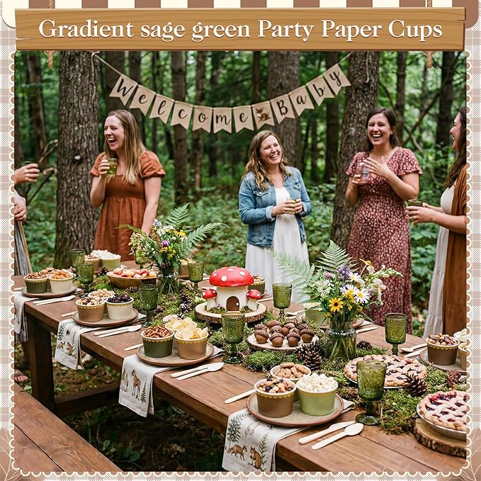 Zopeal 48 Pcs Woodland Disposable Ice Cream Bowls 9oz Green and Brown Gradient Color Paper Snack Cups with Gold Scallop for Parties, Weddings, Baby Showers, Desserts, Yogurt, and Salads