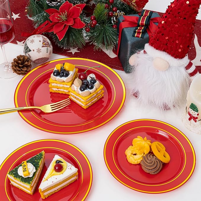 NOCCUR 200PCS Red Plastic Plates for 100 Guests - Include 100PCS 10" Dinner/ 100PCS 7" Dessert Plastic Plates Heavy Duty - Ideal for Wedding/Party/Valentines Day