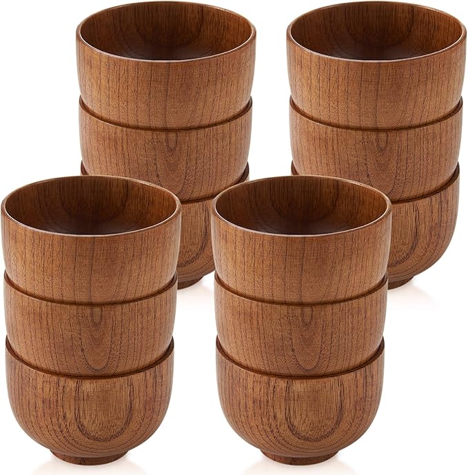 Tioncy 12 Pcs Acacia Wood Small Bowls 3.74 x 2.56 Inch Wooden Bowls Japanese Cups for Food Dipping Sauce Soup Salad Rice Serving Decorations Charcuterie Boards