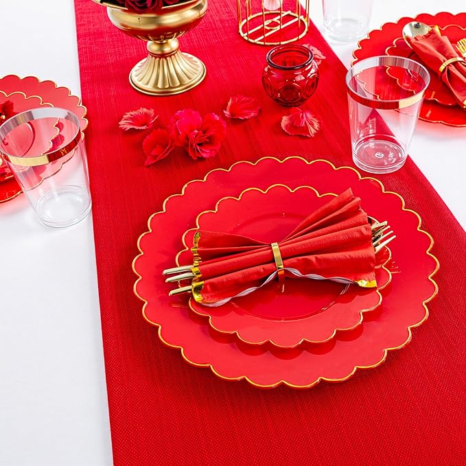 LIYH 210 Pcs Red Plastic Plates - Red Disposable Plates and Napkins Set, Gold Scalloped Plastic Plate Include Dinner & Dessert Plate, Silverware, Cups for Valentine's Day 30 Guests