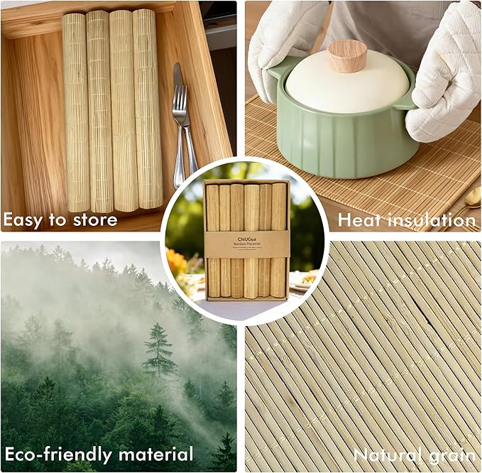 8-Pack Bamboo Placemats,Woven Heat-Resistant Rectangular Table Mats, Natural Rectangular Dining Place Mats, Rustic Japanese Style Plate Mats for Indoor Dining, Kitchen and Party Use, Beige