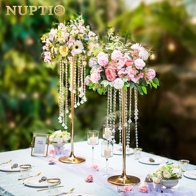 Nuptio Wedding Centerpieces Gold Vases: 2 Pcs 35.4in Tall Crystal Flower Vase Metal Flowers Stand for Party Tables Decorations - Elegant Bulk Weddings Decoration Table Chandelier Centerpiece Stands