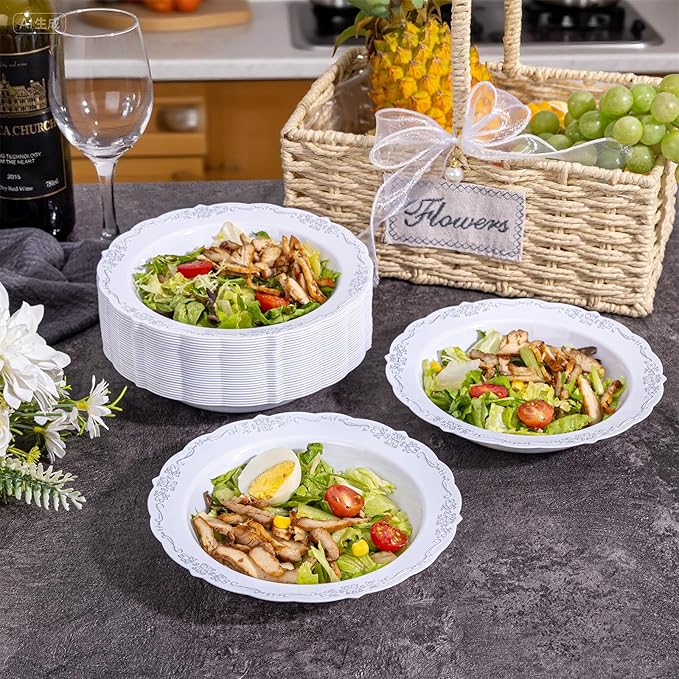 DaYammi 50 Pack Plastic Bowls with Silver Rim, 12oz Disposable Soup Bowls,Silver bowls Disposable Heavy Duty Dinner Bowl for Wedding,Plastic Serving bowls for Parties,Dinners,Catering and Everyday Use