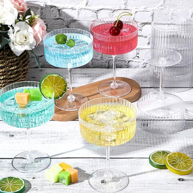 24 Pcs Ribbed Martini Glasses 10 oz Disposable Plastic Vintage Ribbed Coupe Glasses Unbreakable Dessert Parfait Glassware for Wedding Birthday Party Supplies (Clear)