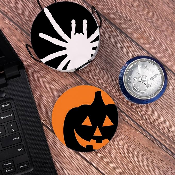 Drink Coasters for Drinks Set of 6, Green Black Orange Halloween Absorbent Round Ceramic Stone Mat Coaster, with Cork Base and Metal Holder, Home Bar Decor House Warming Gift