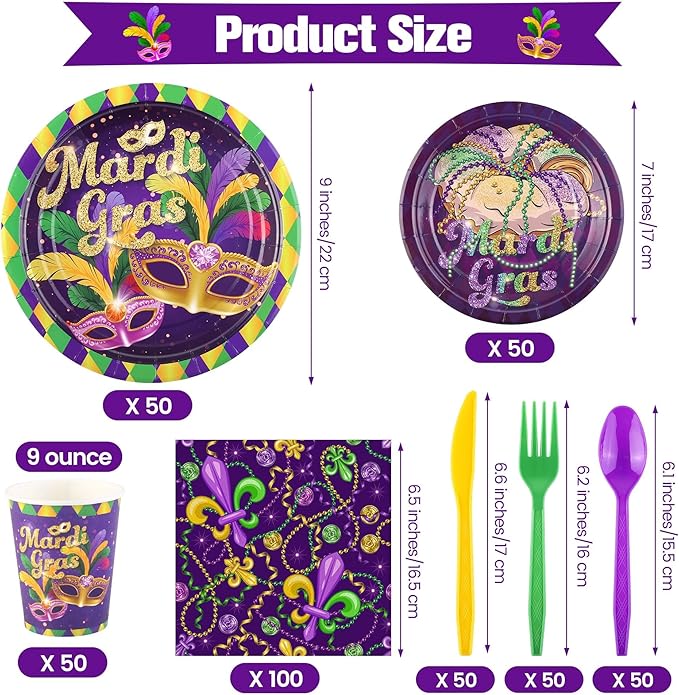 Kochorie 400 Pieces Mardi Gras Disposable Party Tableware Sets, Masquerade Table Decorations Including Plates Cups Napkins Cutlery Serves 50 for Carnival Birthday Mardi Gras Party Supplies