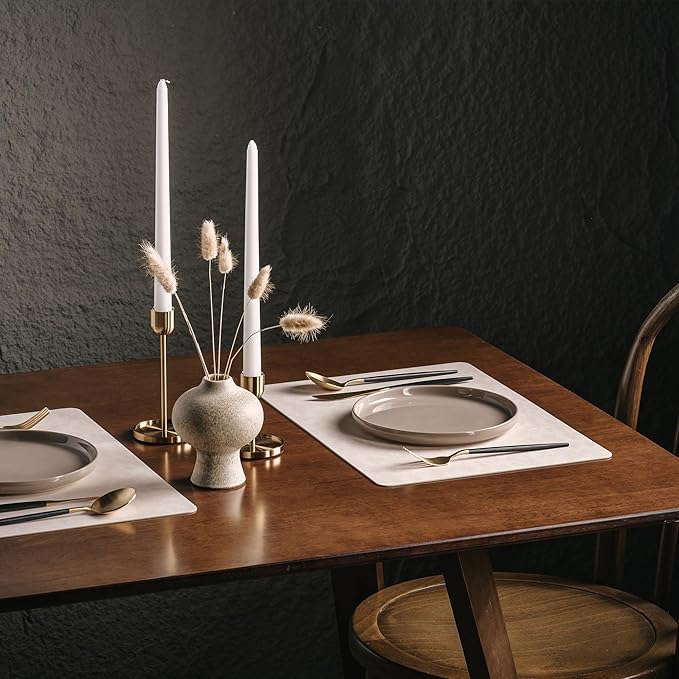 DOLOPL Placemats Set of 6 Reversible Dual-Color Table Placemats – Heat Resistant Wipeable & Washable Place Mats, Luxury Faux Leather Table Mats for Vintage Dining Table Decor (Beige & Light Grey)