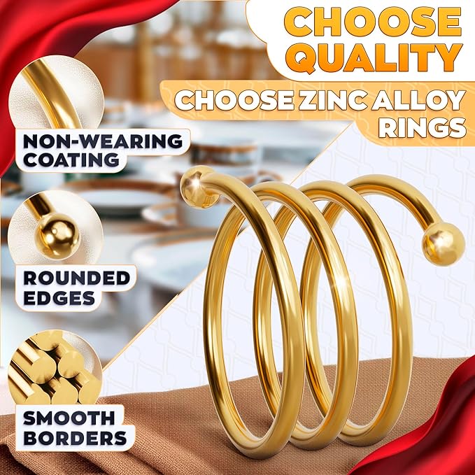 Gold Napkin Rings Set of 8 - Valentine Napkin Rings with Elegant Spiral Design | Durable Metal & Shiny Gold Finish | Great for Weddings, Holidays & Everyday Use | Romantic Valentine Table Decoration