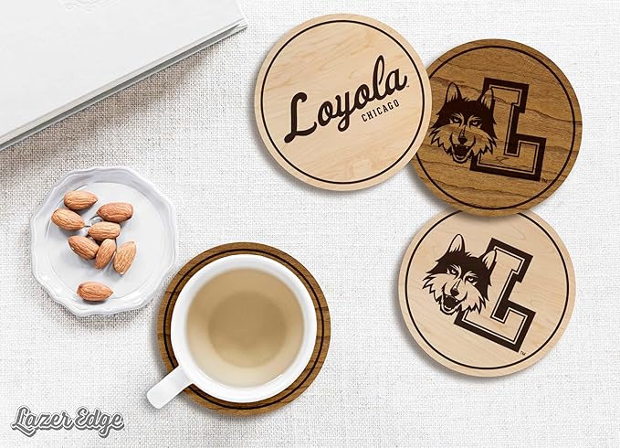 LazerEdge Loyola Ramblers Wooden Coaster Set - Cherry Wood - Officially Licensed Product - 4-Pack