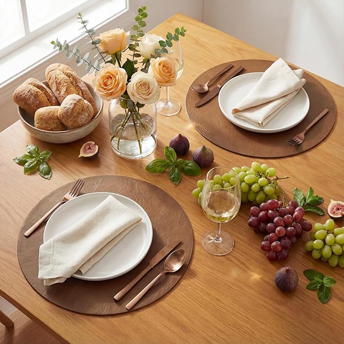 Artoid Mode Brown Faux Leather Placemats Set of 6, 15 Inch Waterproof Wipeable Heat Resistant Vinyl Place Mats, Reversible Table Mats for Kitchen Dining Decor