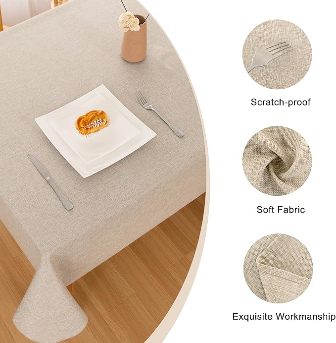 Hiasan Faux Linen Rectangle Tablecloth - Spill Wrinkle and Stain Resistant Washable Table Cloth for Kitchen Dining Room Holiday Dinner, Beige, 70 x 90 Inch