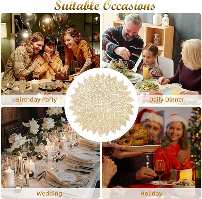 Placemats Set of 6, Round Hollow Out Flowers Place Mats for Dining Table Pressed Vinyl Blooming Leaf Table Mats for Holiday Party Wedding Accent Centerpiece Dinner Decoration (Gold)