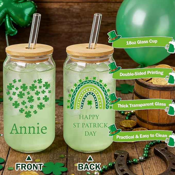 Mason Life St Patrick's Day Personalized Glass Tumbler, Print 2 Sides 18 OZ Cute Glass Cup with Lid and Straw, Lucky Clover Beer Can Glass, Personalized St.Patrick's Day Gift
