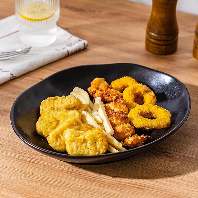Ceramic Bowls Set of 2, Handcrafted Ceramic Plates Set | 10" Oval Serving Dishes Bowls | Large Serving Bowl Wide Shallow Bowl for Pasta, Salad, Cereal, Soup & Microwave & Dishwasher Safe, Matte Black