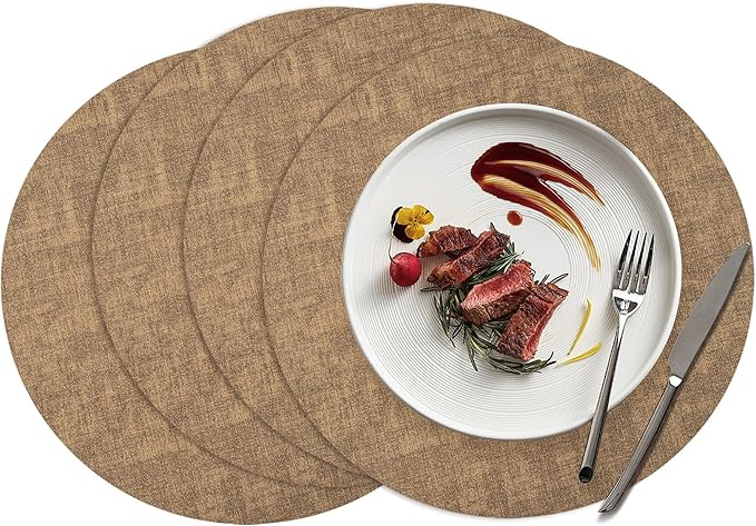 15 inch Faux Leather Round Placemats Set of 4 Non-Slip Washable Wipeable Table Mats, Heat Resistant Waterproof Oilproof Brown Place Mats for Kitchen, Dining, Party, Indoor, Outdoor