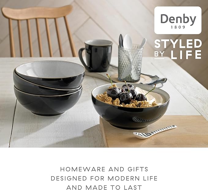 Denby - Elements Black Cereal Bowls Set of 4-28oz Everyday Soup, Dessert Bowls - Contemporary Design With Black Detail - Dishwasher & Microwave Safe Ceramic Stoneware Tableware - Scratch Resistant