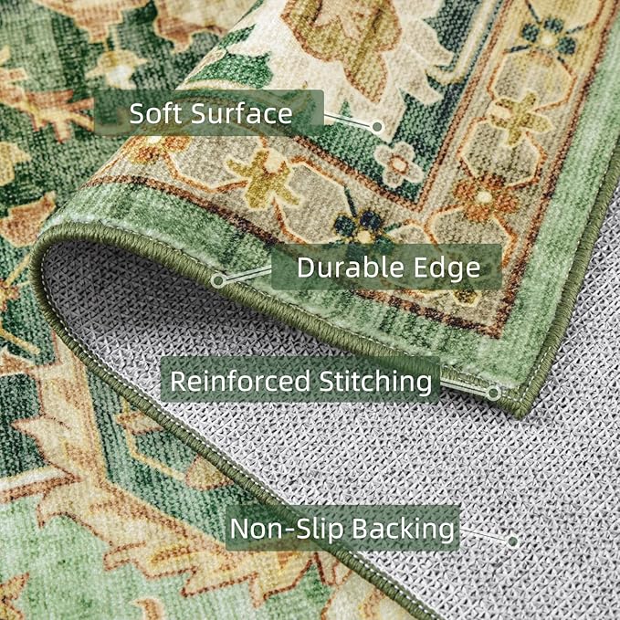 Green Rugs for Living Room - Boho 4x6 Area Rug Ultra Soft Vintage Rugs for Bedroom Playroom Decor, Low Pile Non-Slip Backing Throw Rugs Washable (Border Green