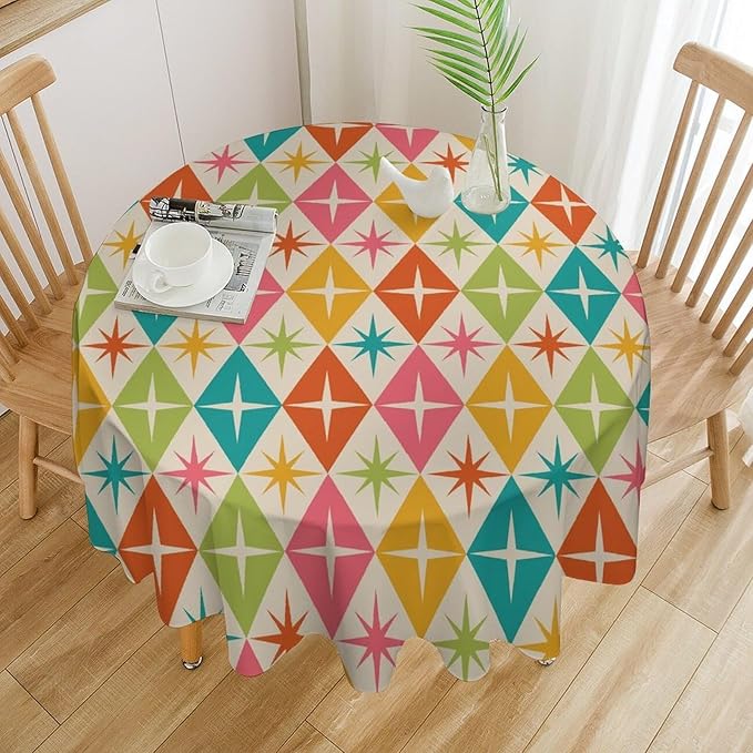 Abstract Geometric Round Tablecloth, Mid Century Retro Abstract Vintage Tablecloth for Home Party Dining Room Kitchen Decor 36Inch(90cm)