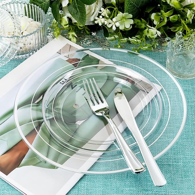 I00000 60PCS Clear and Silver Disposable Plates,Clear Plates with Silver Rim 7 Inch,Heavy Duty Plastic for Wedding Birthdays Party