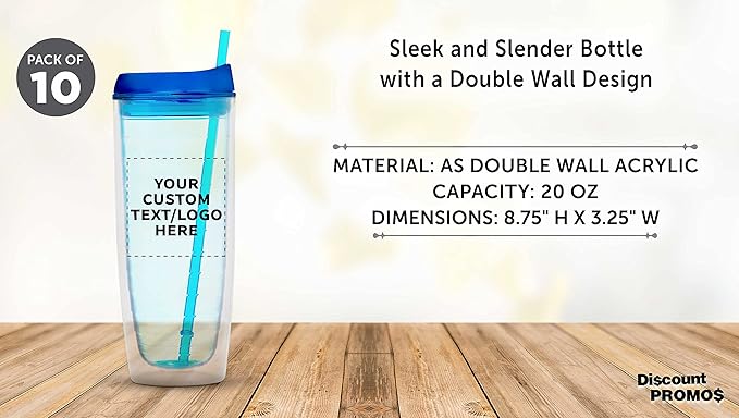Custom Tall Orbit Acrylic Tumblers 20 oz. Set of 10, Personalized Bulk Pack - Perfect for Iced Coffee, Soda, Other Hot & Cold Beverages - Blue