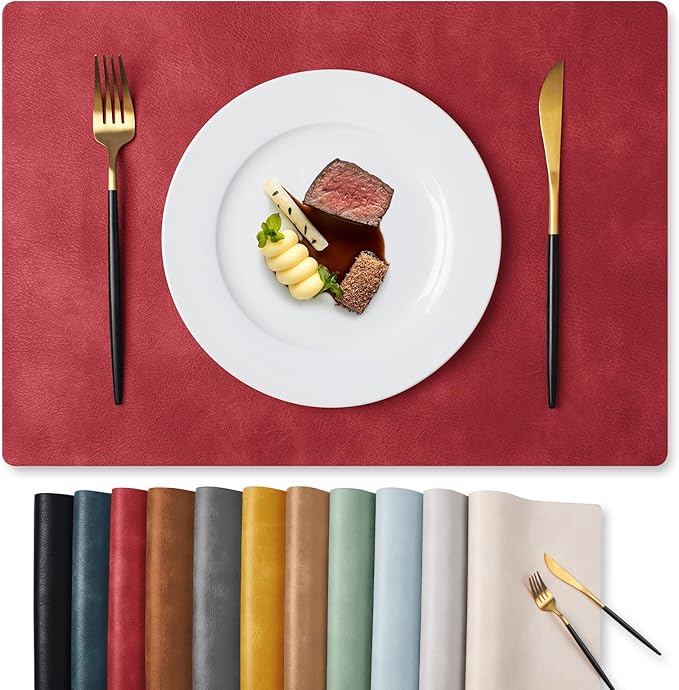 MOSAYT Vinyl Placemats Set of 12-12 X 17 Inch - Faux Leather 100% Waterproof Oil-Proof Wipeable PU Place Mats, Heat Resistant Reversible Table Mats for Kitchen, Dining, Outdoor (Red)