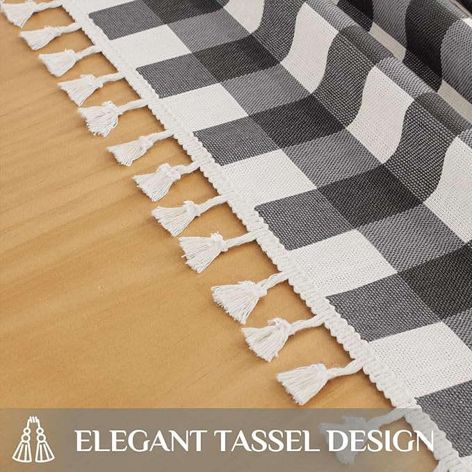 Softalker Checkered Tablecloth Rectangle, Outdoor Linen Cotton Gingham Table Cloth with Tassel, Heavy Duty Wrinkle Free Buffalo Plaid Table Cover for Kitchen Dining Home Party - 55 x 70 Inch, Black
