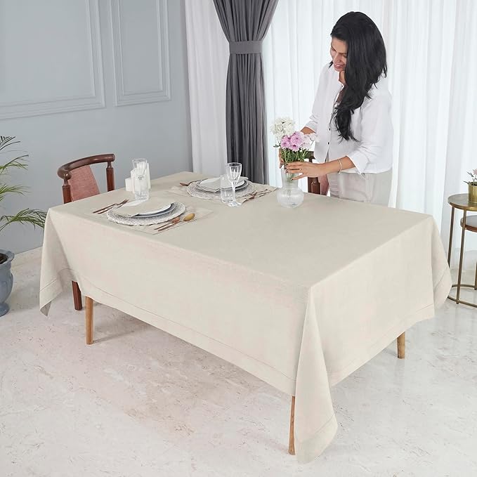D'Moksha Homes Light Natural Linen Tablecloth for Rectangle Tables 60 x 84 Inch - Classic Hemstitch 100% Pure Linen Natural Table Cloth - Machine Washable Dining Tablecloth for Valentines, Easter