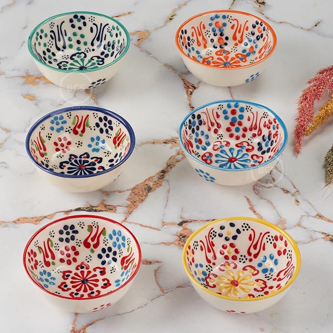 BCS Ceramic Salsa Bowls Set of 6 Small Pinch Bowls for Dipping, Cooking Prep & Charcuterie Board, Soy Sauce Dish, Multicolor Handmade Decorative Mini Serving Dishes Dishwasher Safe (3.2''-3 oz)