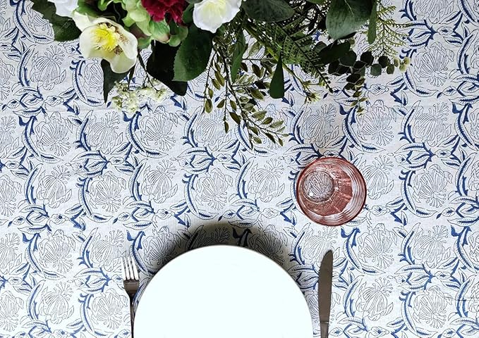 ATOSII ‘Santorini’ 100% Cotton Fall Tablecloth, Handblock Print Blue Rectangle Table Cloth for Kitchen I Dining Table Linen I Parties Wedding Christmas Thanksgiving I Fall Decor 60 X 90 Inches