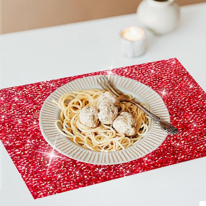 Red Sparkly Rhinestone Decor Square Placemats - Heat Resistant Mat Set of 2