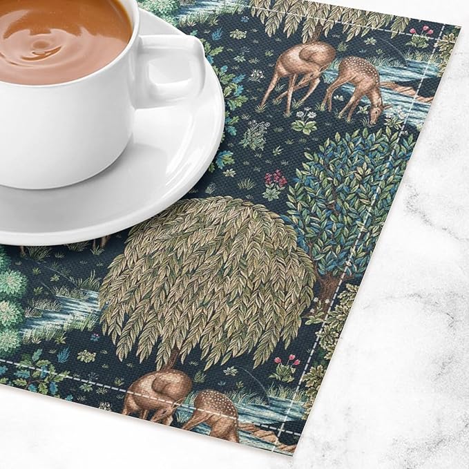 William Morris Floral Print Placemats,Strawberry Thief Print Plate Mats Set of 6,Watercolor Vintage Flower Table Placemats for Home Kitchen Holiday Decoration, 6 PCS