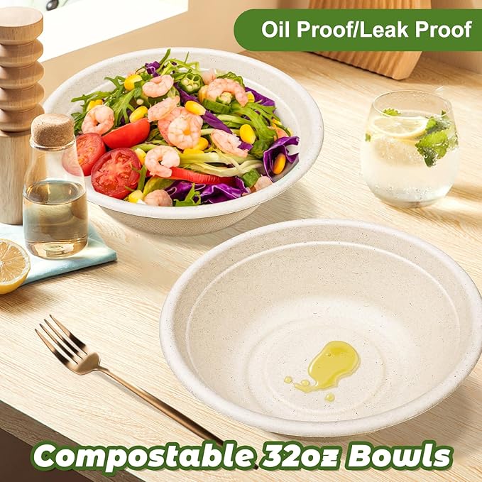 Large Disposable Paper Bowls-32oz for Hot Soup,150 Pack Eco-Friendly, Compostable Bagasse Disposable Heavy Duty Biodegradable Bowls Bulk for Hot Food, Salad, Milk Cereals