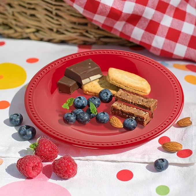 Melamine Beaded Dinner Plate Set of 6, 11inch, BPA Free, Platter, Serving Dishes, Chip & Break Resistant, Lightweight, Durable, Red Melamine Dishes Set for Valentine's Day, Weddings & Everyday Meals