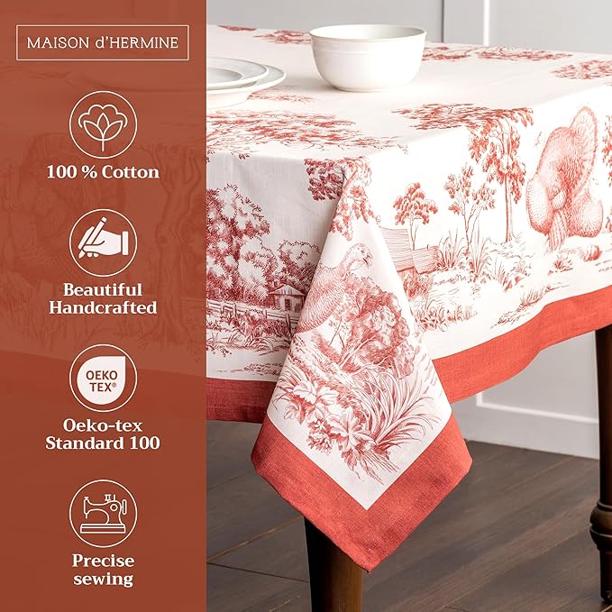 Maison d' Hermine Table Cloth Rectangle Table 100% Cotton 60 x 90 Inches Fall Tablecloth Reusable Everyday Use for Thanksgiving Christmas Decorations Dining Farmhouse Party (Holy Jouy - Red)