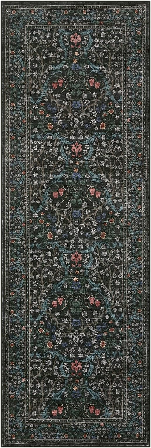GarveeHome Washable Kitchen Runner Rug, Floral 2x6 Rug for Hallway Non Slip Stain Resistant, Ultra-Thin Boho Soft Hallway Rug Botanical Carpet for Entryway, Laundry Room, Bathroom Dark Black