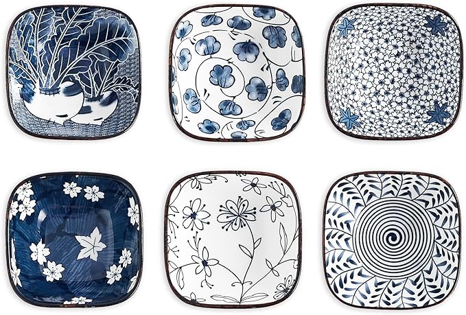 Japanese Style Ceramic Dipping Bowl,3.3'' Small Soy Sauce Dish for Condiments,Blue and White Small Bowl for Ketchup Stackable Side Dish Ramekins- Set of 6 (3.3 inch)