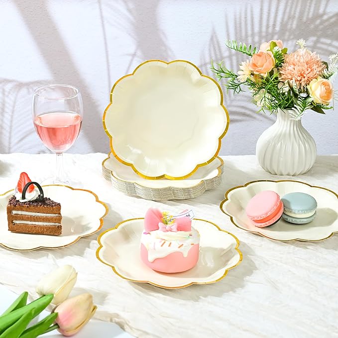24 Pcs Beige Party Plates Cream Dessert Paper Plates 7inch Gold Foil Scalloped Edge Disposable Cake Plates for Birthday Bridal Baby Shower Wedding Party Supplies