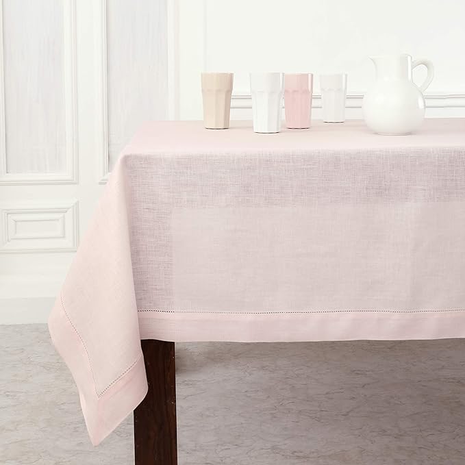 Solino Home Pink Linen Tablecloth 60 x 120 Inch - 100% Pure Linen Hemstitch Table Cloth for Rectangle Tables - Classic Hemstitch, Machine Washable Tablecloth for Valentines, Spring, Easter